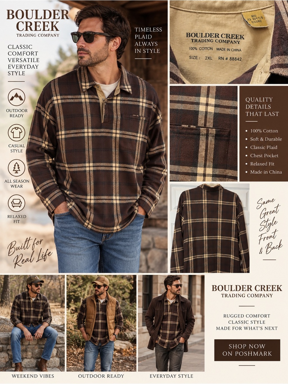 Boulder Creek 2XL Brown Plaid Pullover Shirt 100% Cotton Cabin Core Workwear